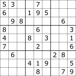 A typical Sudoku puzzle, a 9x9 grid with several numbers missing