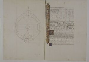 Page from Book X of George of Trebizond's Commentary on the Almagest. On the left, is a model of the planet Mercury, showing its closest approach to the earth; on the right, is information about Mercury and the beginning of his commentary on the planet Venus.