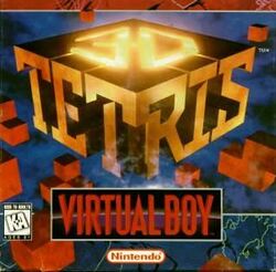 The game's logo is presented in a 3D format, with 'Tet' on the left of an angled cube, 'Ris' on the right, and a glowing 3D at the top. The logo is surrounded by various blocks of different shapes and sizes.