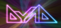 DYAD written in a tightly fit angular block style, the outline of the letters stylized as neon lights, changing from pink on the left to blue on the right.
