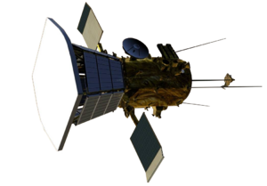 Digital model of a spacecraft with a bus attached to a larger sun-shield. Two small solar panels are attached to the side of the bus, along with four rear-facing antennas.