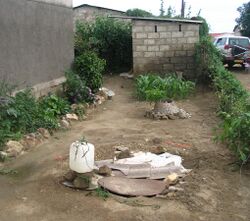 Pit latrine and well in close proximity (3794846044).jpg
