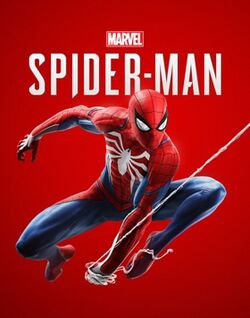 Spider-Man, a superhero in a blue and red suit and mask with a large white symbol on his chest, swings on a strand of webbing towards the viewer. The words "Spider-Man" are written in white text behind him.