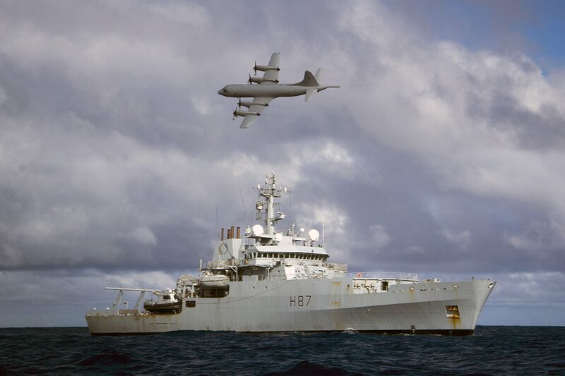 File:Australian Orion MPA Flying Over HMS Echo During Search for Malaysian Airliner MH370 MOD 45157505.jpg