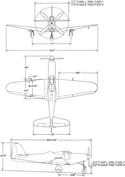3-view line drawing of the Bell P-63A Kingcobra