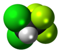 Space-filling model of the 2,2-dichloro-1,1,1-trifluoroethane molecule