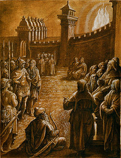 A sepia illustration of a castle courtyard filled with figures in disparate dress