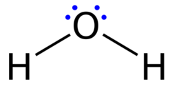 A lewis structure of a water molecule, composed of two hydrogen atoms and one oxygen atom sharing valence electrons