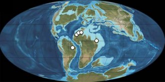 Locations of spinosaurid fossil discoveries marked with white circles on a map of Earth during the Albian to the Cenomanian of the Cretaceous Period