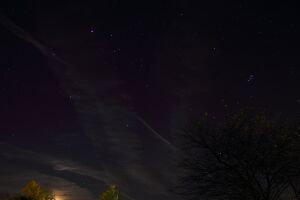 photograph of night sky above a dimly-lit horizon