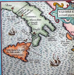 Aeaea, the island of Circe, located south of Rome with the Islands of the Sirens closeby.jpg