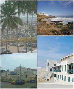 1st top-left image; Arch bridge and Harbour view from Elmina Castle in Cape Coast • 2nd bottom-left image; City hall of Cape Coast • 1st top-right image; Shores of Cape Coast • 2nd bottom-right image; Balcony of Cape Coast Castle.