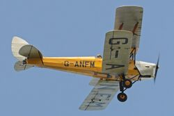 A biplane in yellow and silver livery in flight