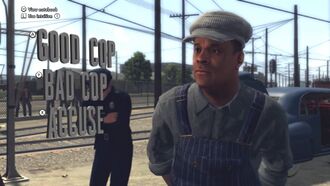 A black man with a hat stands in a railyard, looking to the camera's left. On the left of the screen are three prompts: "Good Cop", "Bad Cop", and "Accuse".