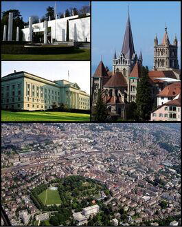 From top to bottom; left to right: the Olympic Museum, the Cathedral of Lausanne, the Federal courts of Switzerland, aerial view of the city, and the park of Milan.