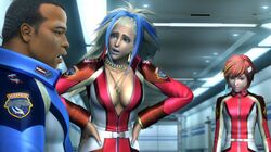 Computer generated models of a black man with close-cropped hair, a woman with messy blue and white hair and whose buxom cleavage is generously shown, and a pink-haired girl whose chest is less well-endowed.