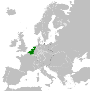 Location of the United Kingdom of the Netherlands (dark green) in 1815 in Europe (dark grey). The Grand Duchy of Luxembourg (light green) is also shown.