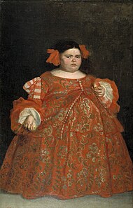 A dark-haired pink-cheeked obese girl holding apples in ornate red dress.
