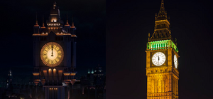 A side-by-side comparison of Bellbridge's clock tower compared to Big Ben. Both share a striking resemblance in terms of architecture and design.