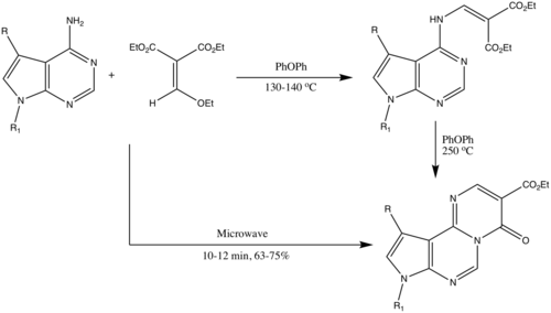 Conventional and microwave radiation approach to synthesize ethyl 4‐oxo‐8,10‐substituted‐4,8‐dihydropyrimido[1,2‐c]pyrrolo[3,2‐e]pyrimidine‐3‐carboxylates by the Gould–Jacobs reaction