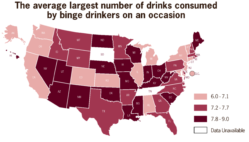 File:The average largest number of drinks consumed by binge drinkers on an occasion US 2010.png