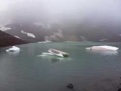 Small icebergs float in a small lake with volcanic rock in the background