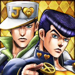 The game's icon shows the characters Jotaro Kujo and Josuke Higashikata against a golden diamond-pattern background, looking at the viewer.