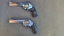 Two revolvers are shown. The first is a Umarex air soft 629, the second is a real Smith & Wesson model 629.