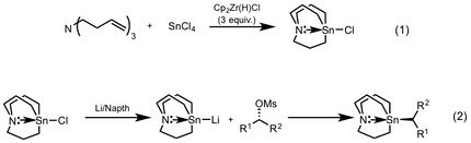 (1) Hydrozirconation method for synthesizing stannatrane chloride. (2) Synthesis of lithium carbastannatrane and subsequent mesylate displacement.