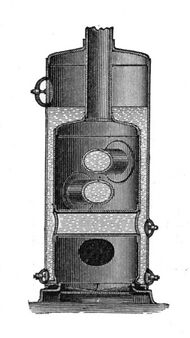 A sectioned view of a cross-tube boiler. The section shows a single vertical flue or fire-tube, with two large water-tubes across the firebox beneath this.