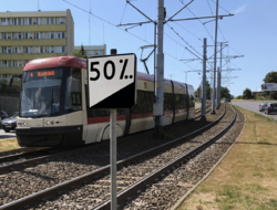 A railroad distance and gradient sign in Gdańsk, Poland. The 50‰ grade is equivalent to 5%.