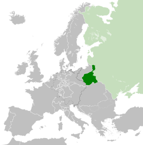 Map of Congress Poland, c. 1815, following the Congress of Vienna. The Russian Empire is shown in light green.