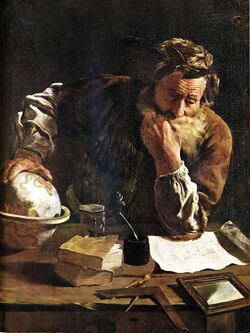 A painting of a man studying