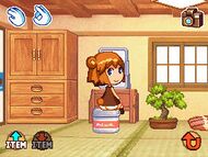 The game protagonist, a female andthropromorphic bear, looks at the player in her furnished living room.