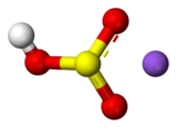 Ball-and-stick model of a bisulfite anion (left) and a sodium cation (right)