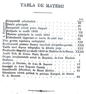 Calendarulŭ Romanului 1866, Tabla de materii.jpg