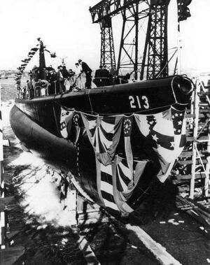 Launching of the Greenling (SS-213) at the Electric Boat Co., Groton, CT., 20 September 1941.