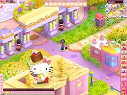 A screenshot taken during the beta release of Hello Kitty Online, featuring the human avatar in the game's rendition of London