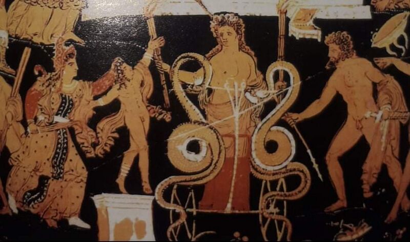 File:Medeia in Corinth by the underworld painter red figure apulian volute krater detail medea kills child on altar.jpg