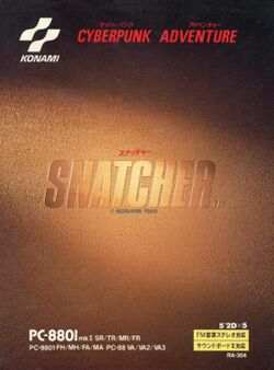 Gold video game cover with the word "Snatcher" written across the center. The top has the Konami logo and says "Cyberpunk Adventure". The bottom indicated the game is for the PC-8801 platform.