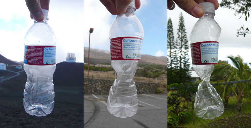 File:Plastic bottle at 14000 feet, 9000 feet and 1000 feet, sealed at 14000 feet.png