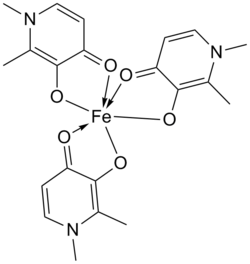 Deferiprone interaction with iron forming deferiprone-iron complex.