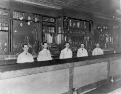Five bartenders behind St. Charles Hotel bar.jpg