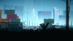 A screenshot from the game, showcasing its art style and design; the player character is on a shipping container with a golf ball mid-air. Large buildings are visible in the background with pink neon signs.