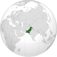 Area controlled by Pakistan shown in dark green; claimed but uncontrolled territory shown in light green.