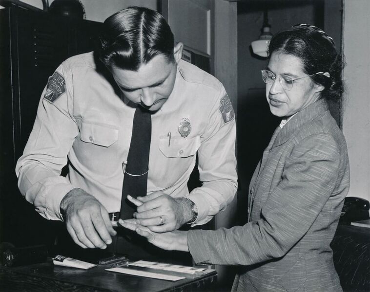 File:Rosa Parks being fingerprinted by Deputy Sheriff D.H. Lackey after being arrested on February 22, 1956, during the Montgomery bus boycott.jpg