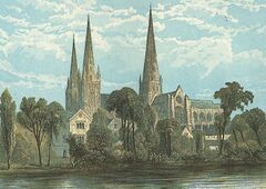 This faded postcard of Lichfield Cathedral shows a delicately coloured engraving of the cathedral with three tall slim spires rising against sunlit clouds above a gliding river.