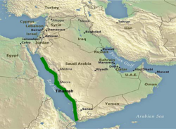 A map of the Arabian Peninsula with the Tihamah region in green