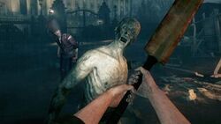 Gameplay screenshot, with the player wielding a cricket bat against a zombie