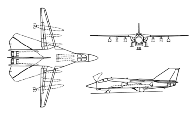 A line drawing of the F-11B showing front, top, and side view.